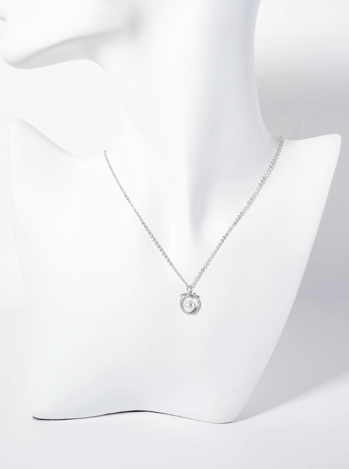 Center Pearl Point Pave-Set Circle Bow Pendant 18K-Gold-Dipped Brass Necklace