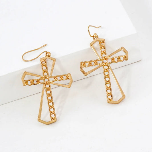 Chain Cross Overlaid On Cutout Cross Dangle Earrings