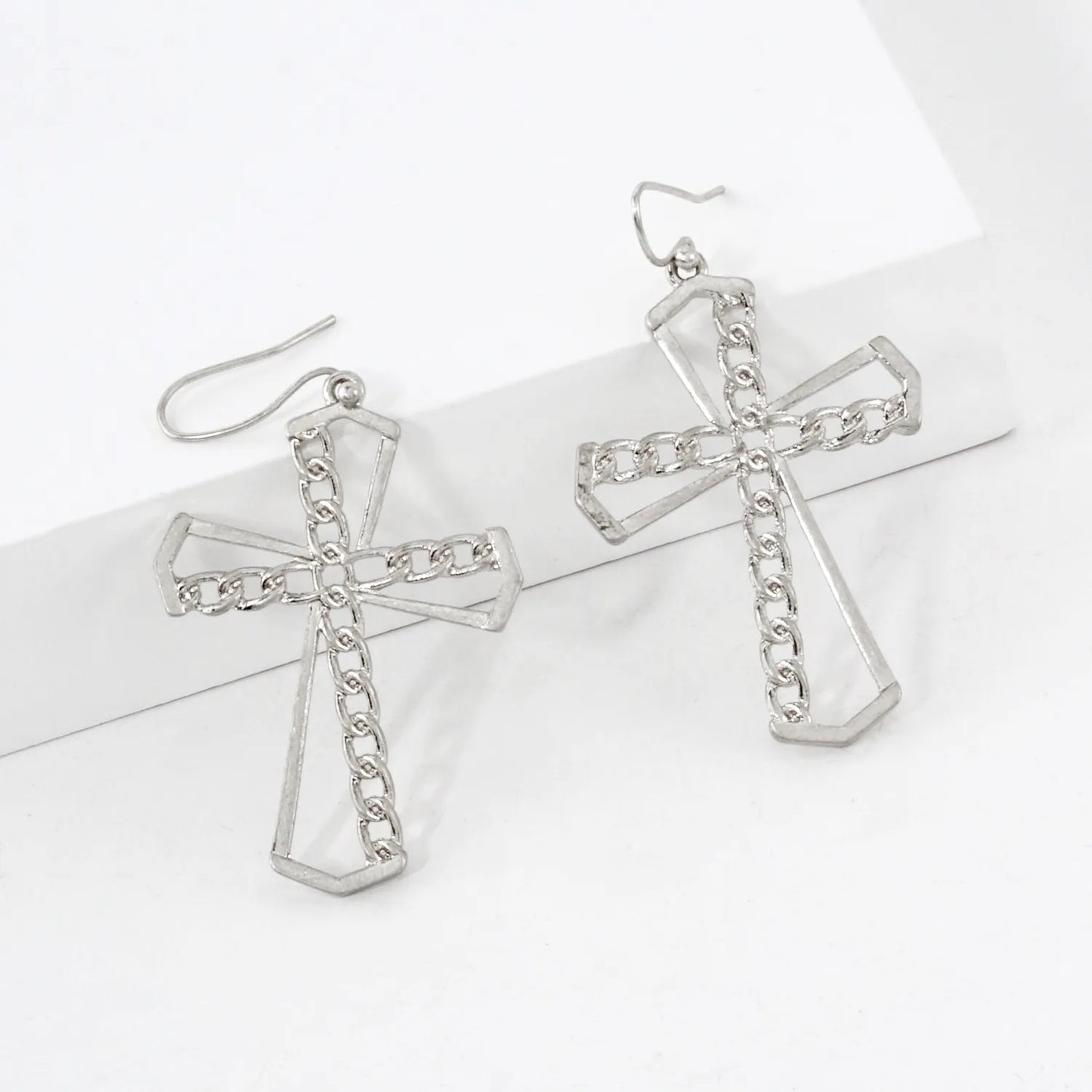 Chain Cross Overlaid On Cutout Cross Dangle Earrings