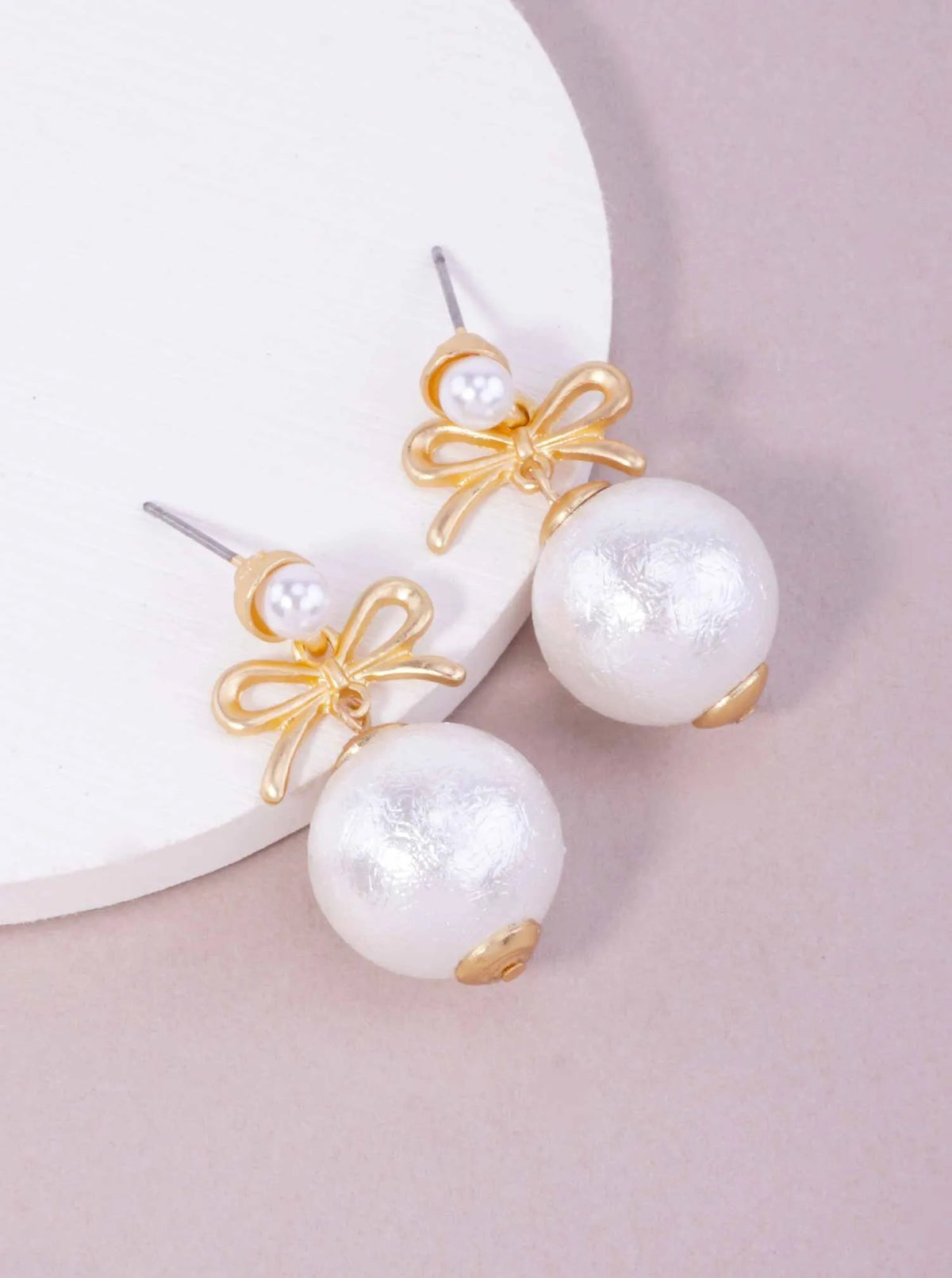 Charming Bow Matte Pearl Drop Dangle Earrings - Matte Gold