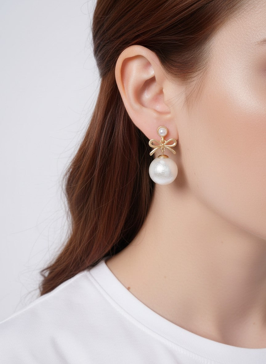 Charming Bow Matte Pearl Drop Dangle Earrings - Matte Gold