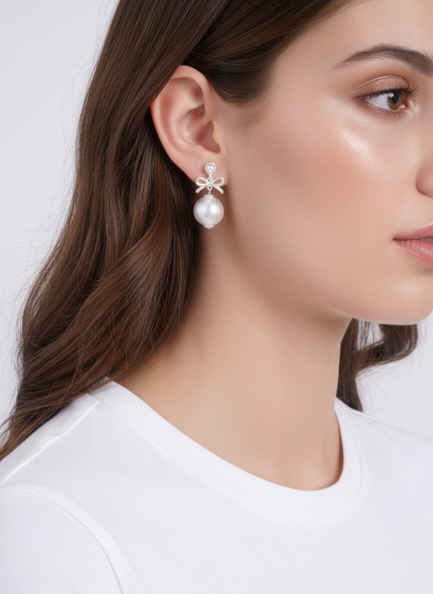 Charming Bow Matte Pearl Drop Dangle Earrings - Matte Silver