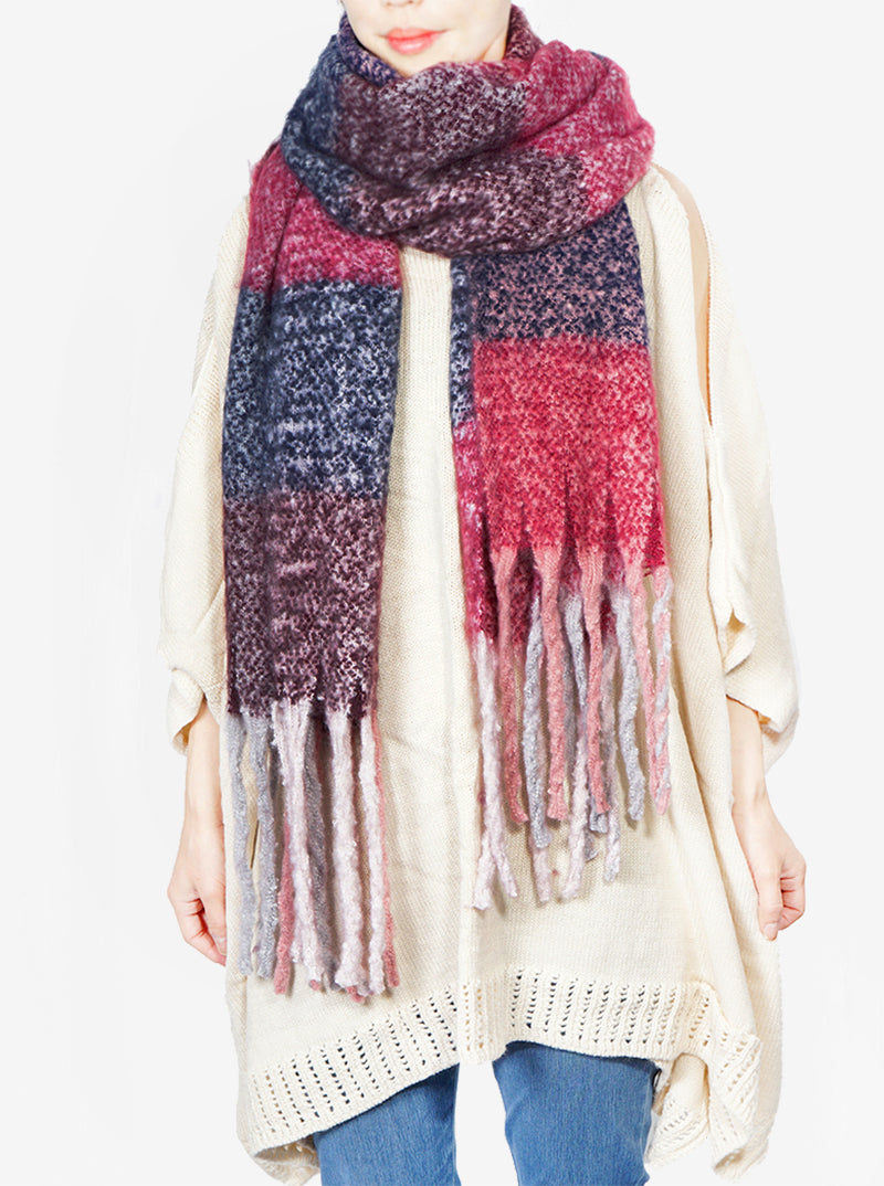 Checkered Plaid Fluffy Oversized Unisex Oblong Scarf With Fringe
