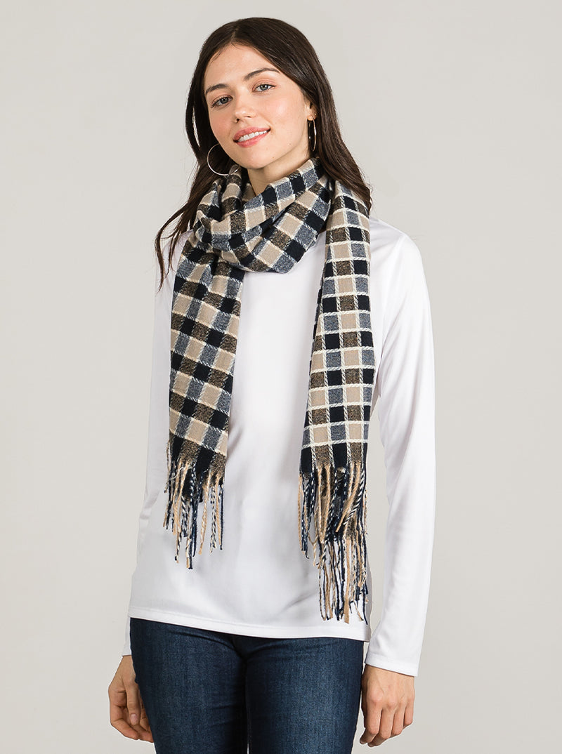 Checkered Plaid Fringed Oblong Scarf Acrylic