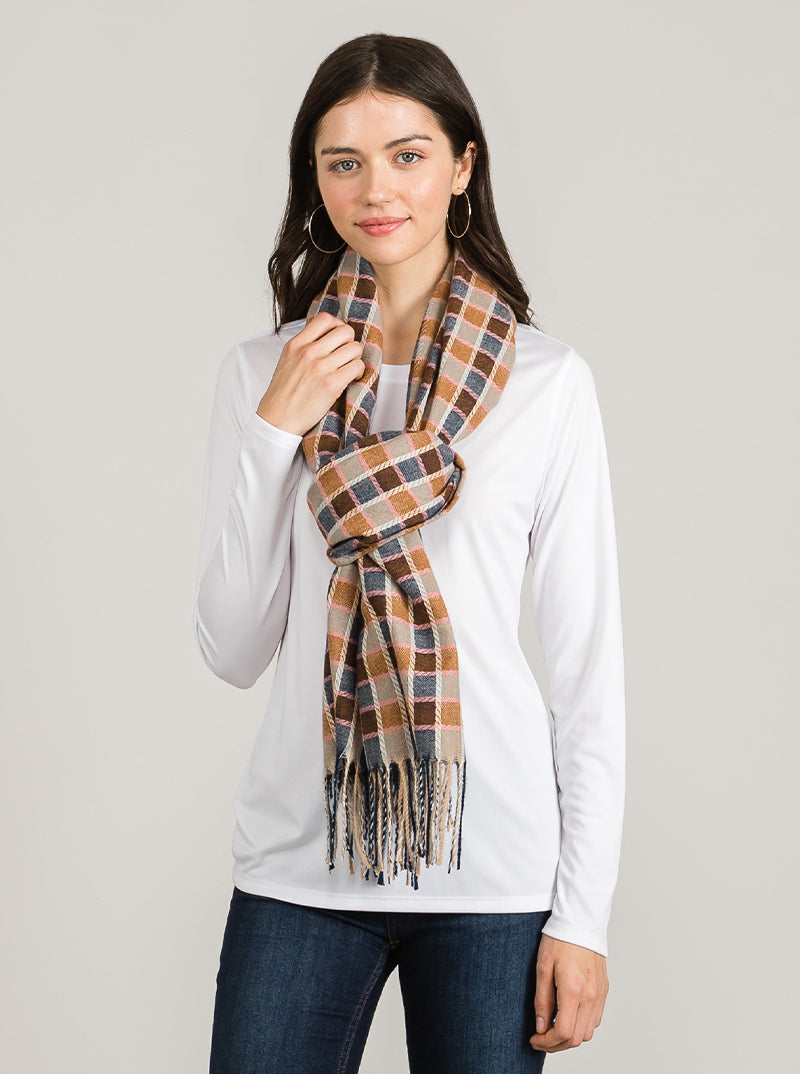 Checkered Plaid Fringed Oblong Scarf Acrylic