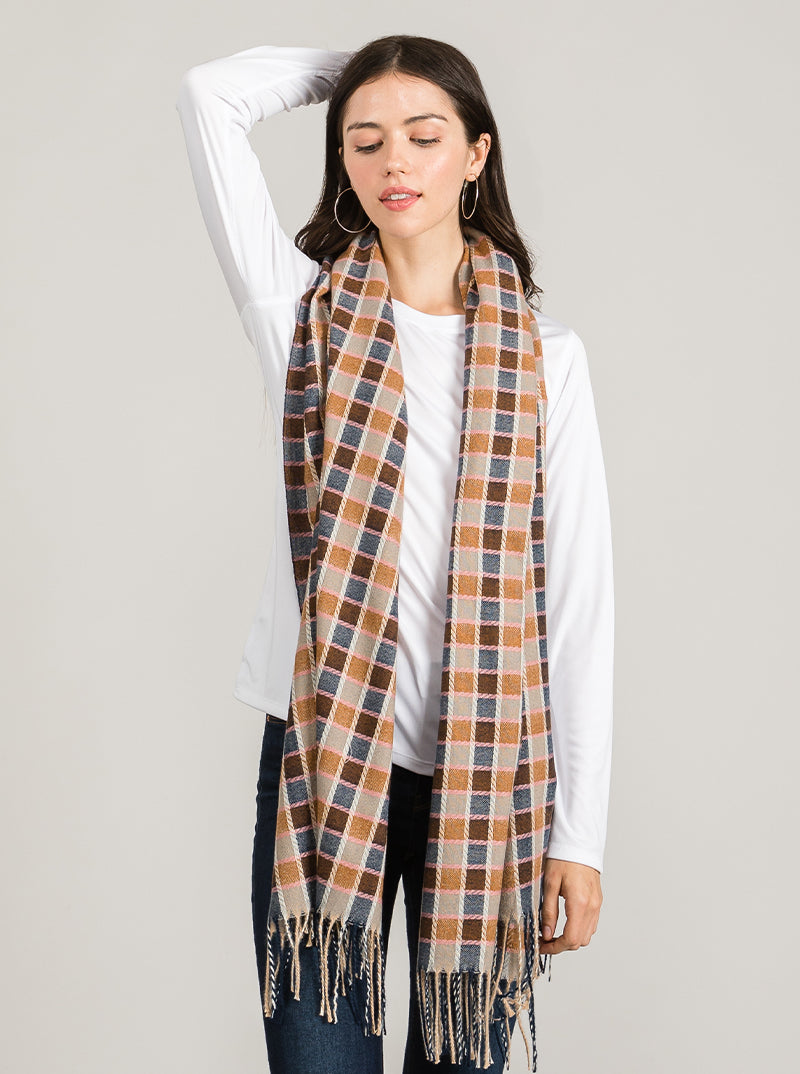 Checkered Plaid Fringed Oblong Scarf Acrylic
