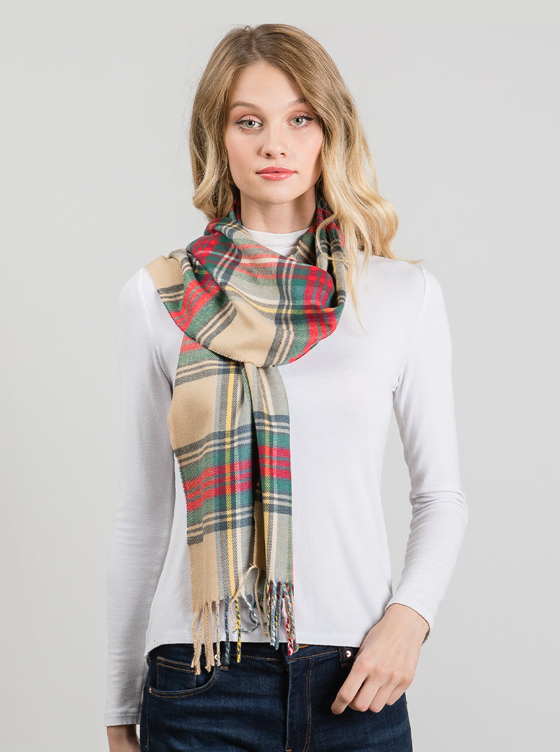 Checkered Plaid Multi Color Oblong Fringe Scarf