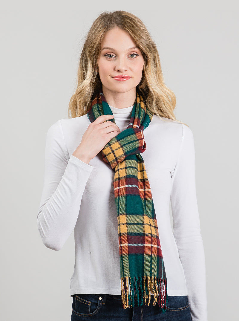 Checkered Plaid Multi Color Oblong Fringe Scarf