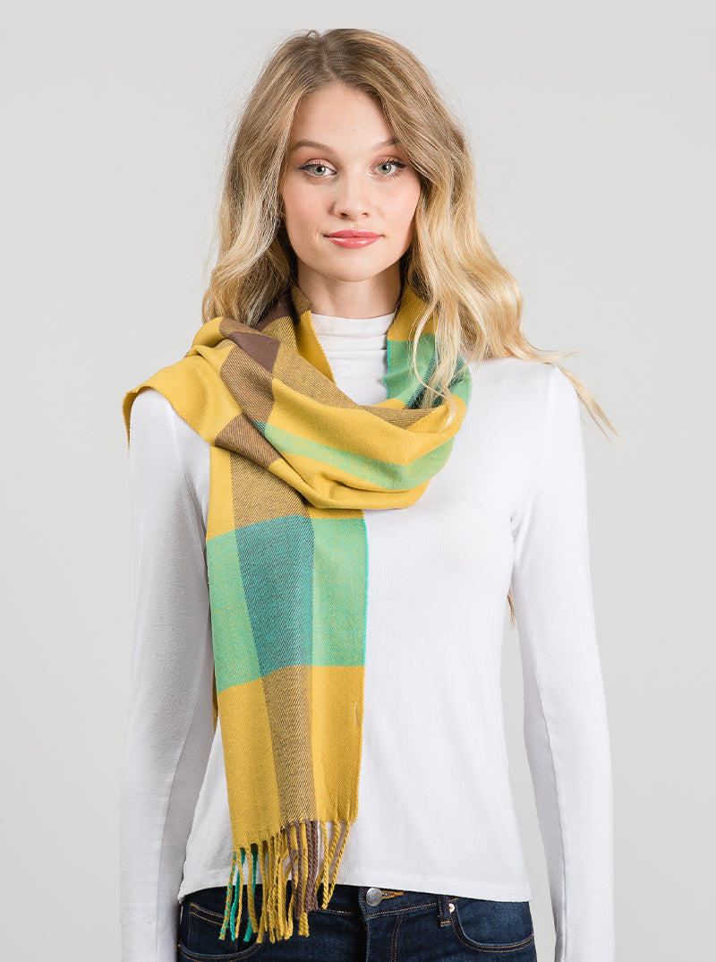 Checkered Plaid Multi Color Oblong Fringe Scarf