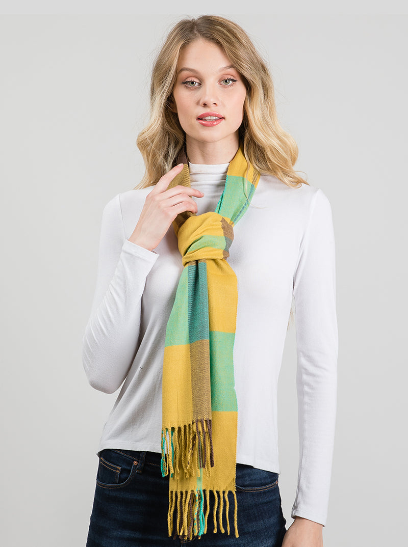 Checkered Plaid Multi Color Oblong Fringe Scarf