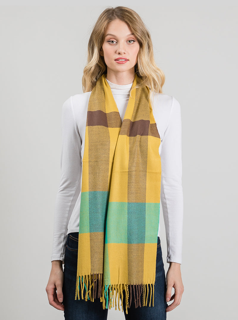 Checkered Plaid Multi Color Oblong Fringe Scarf