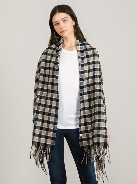 Checkered Plaid Oblong Scarf With Fringe