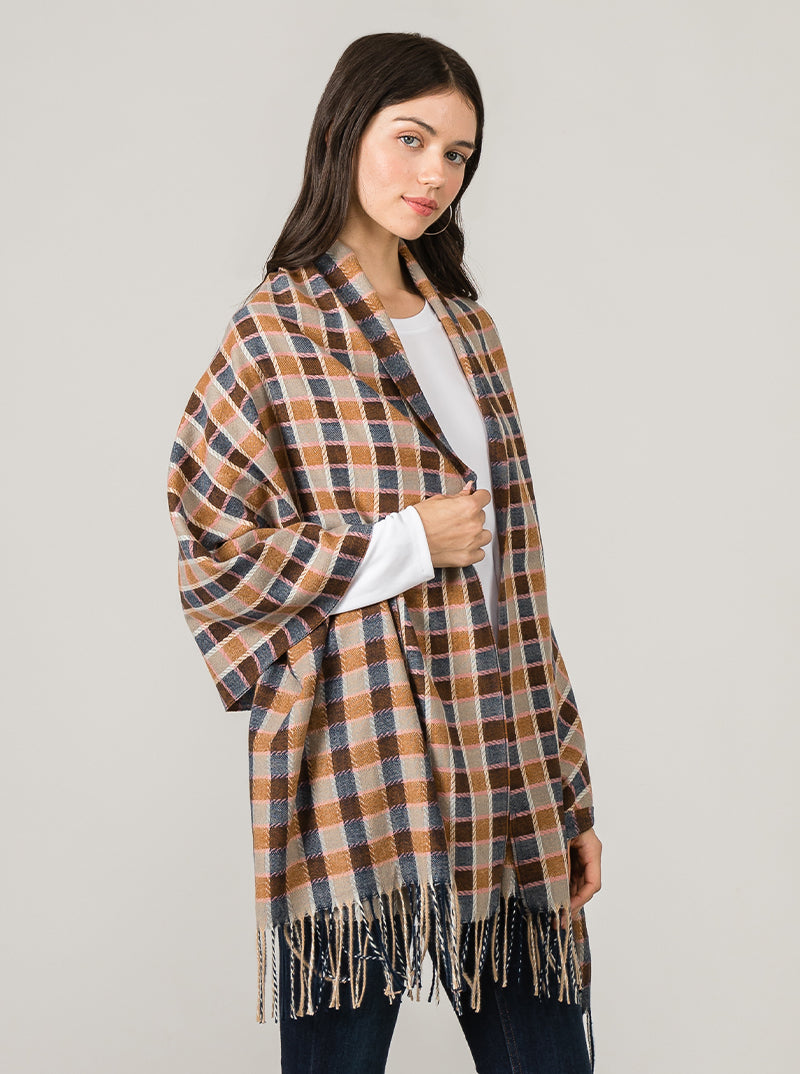 Checkered Plaid Oblong Scarf With Fringe