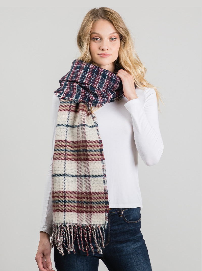 Checkered Plaid Oversized Fringe Oblong Scarf