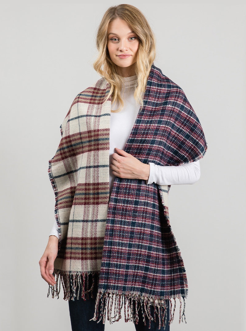 Checkered Plaid Oversized Fringe Oblong Scarf