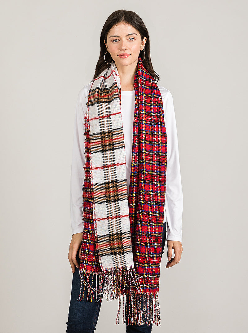 Checkered Plaid Oversized Fringe Oblong Scarf