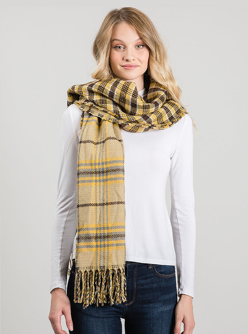 Checkered Plaid Oversized Fringe Oblong Scarf
