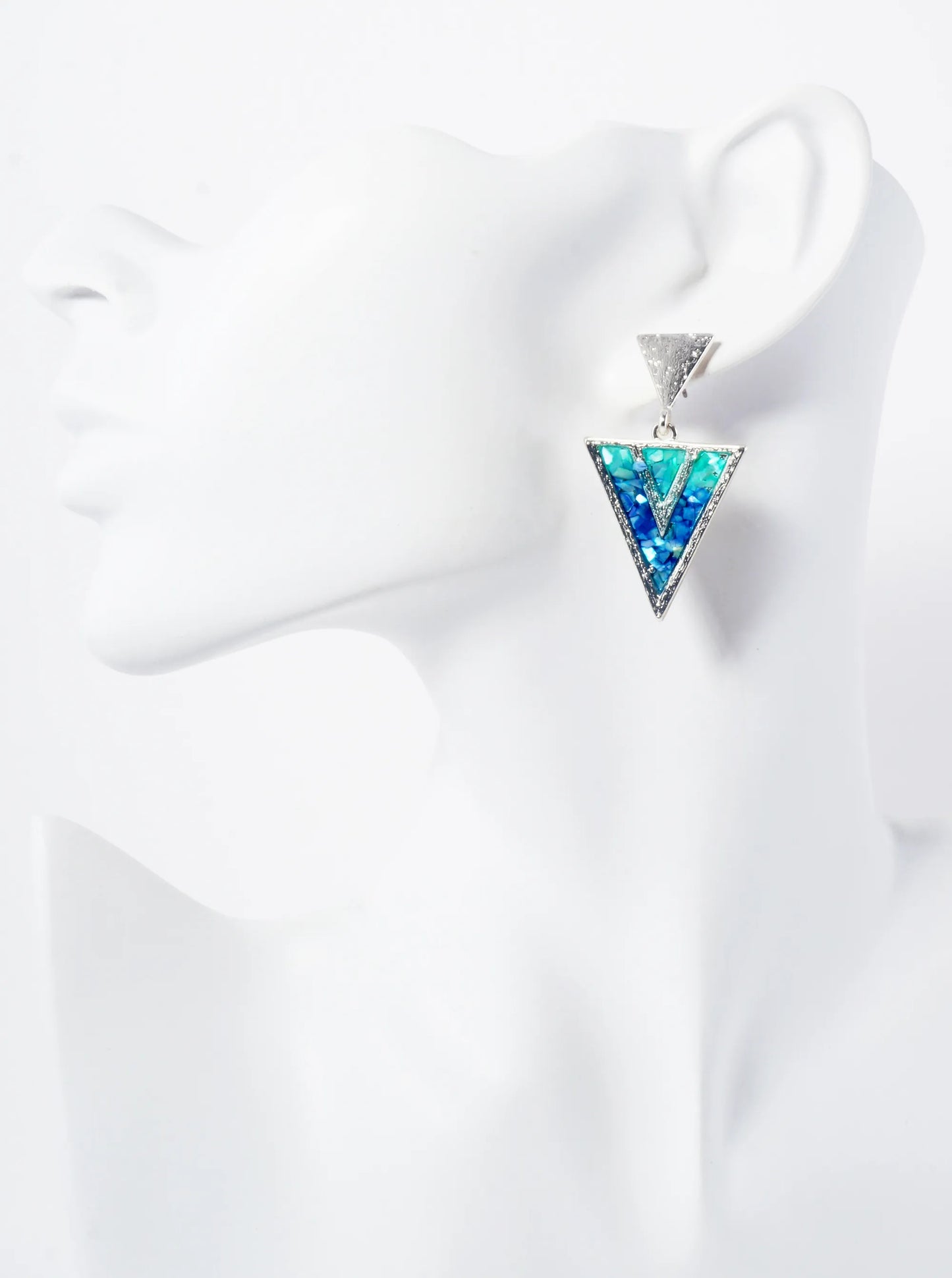 Chin-Stone Inlay Geometric Double Triangle Dangle Earrings