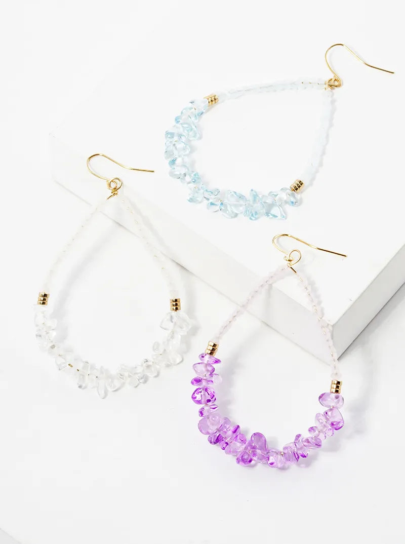 Chip Stone And Glass Beaded Teardrop Dangle Drop Earrings