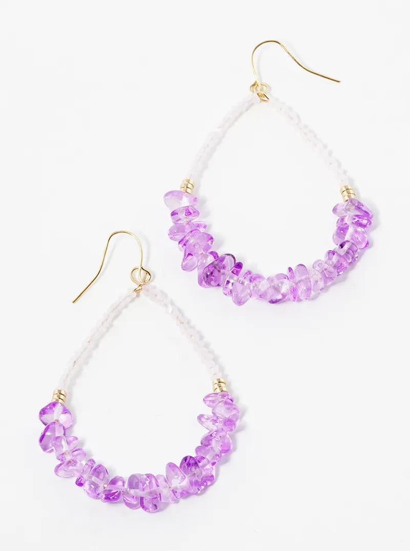 Chip Stone And Glass Beaded Teardrop Dangle Drop Earrings