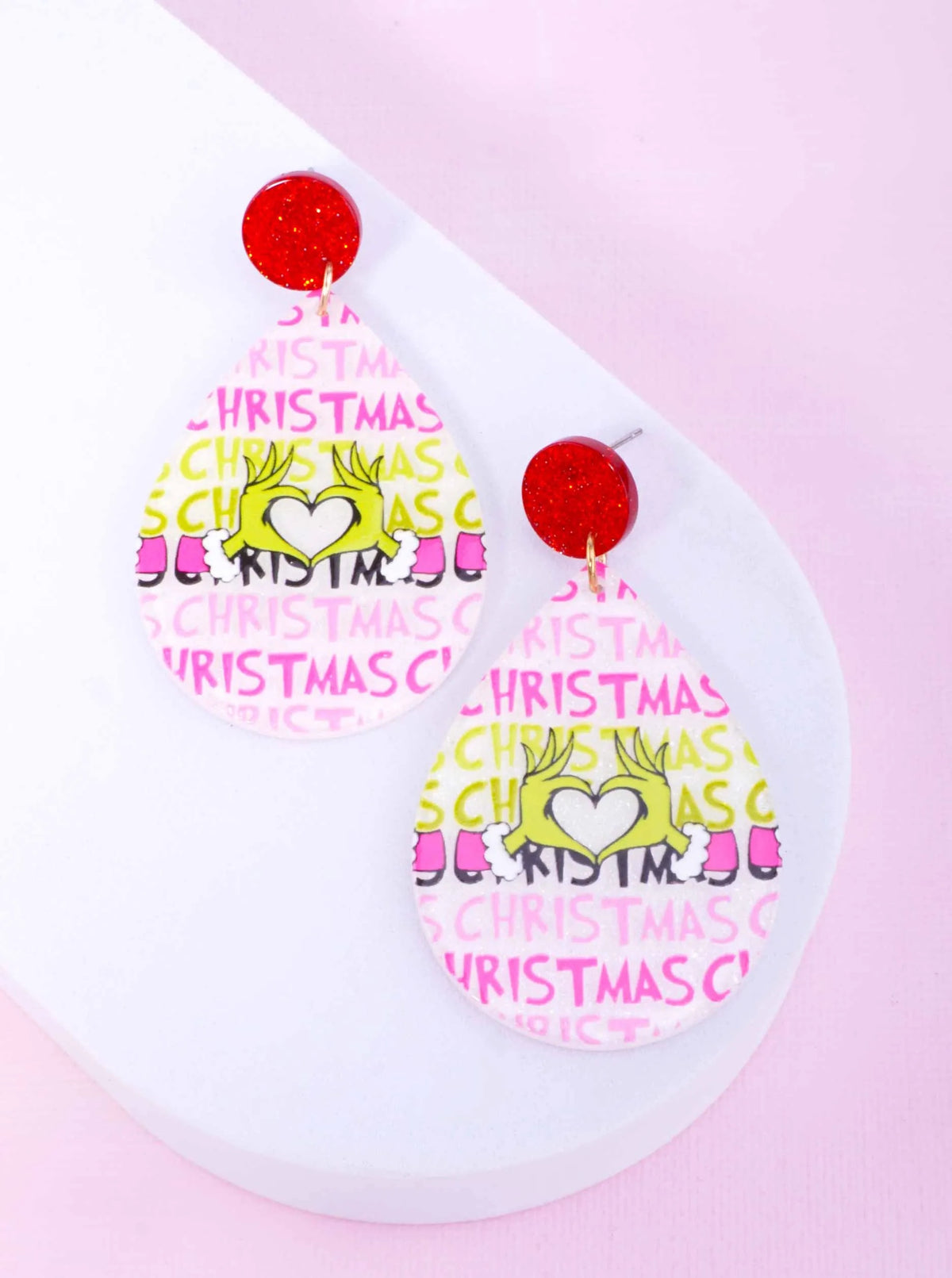 Christmas Grinch Heart Acetate Drop Earrings - Gold