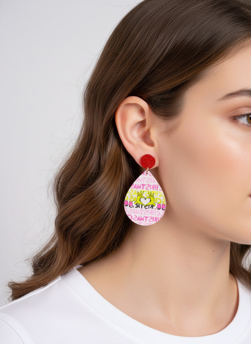Christmas Grinch Heart Acetate Drop Earrings - Gold
