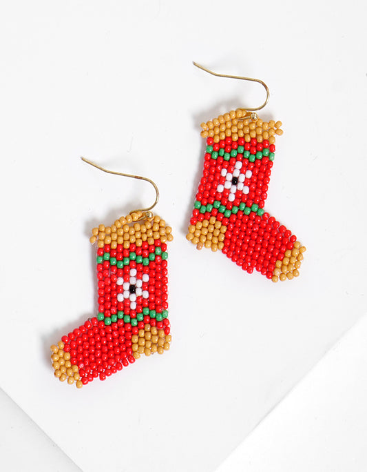 Christmas Stocking Seed Bead Dangle Earrings