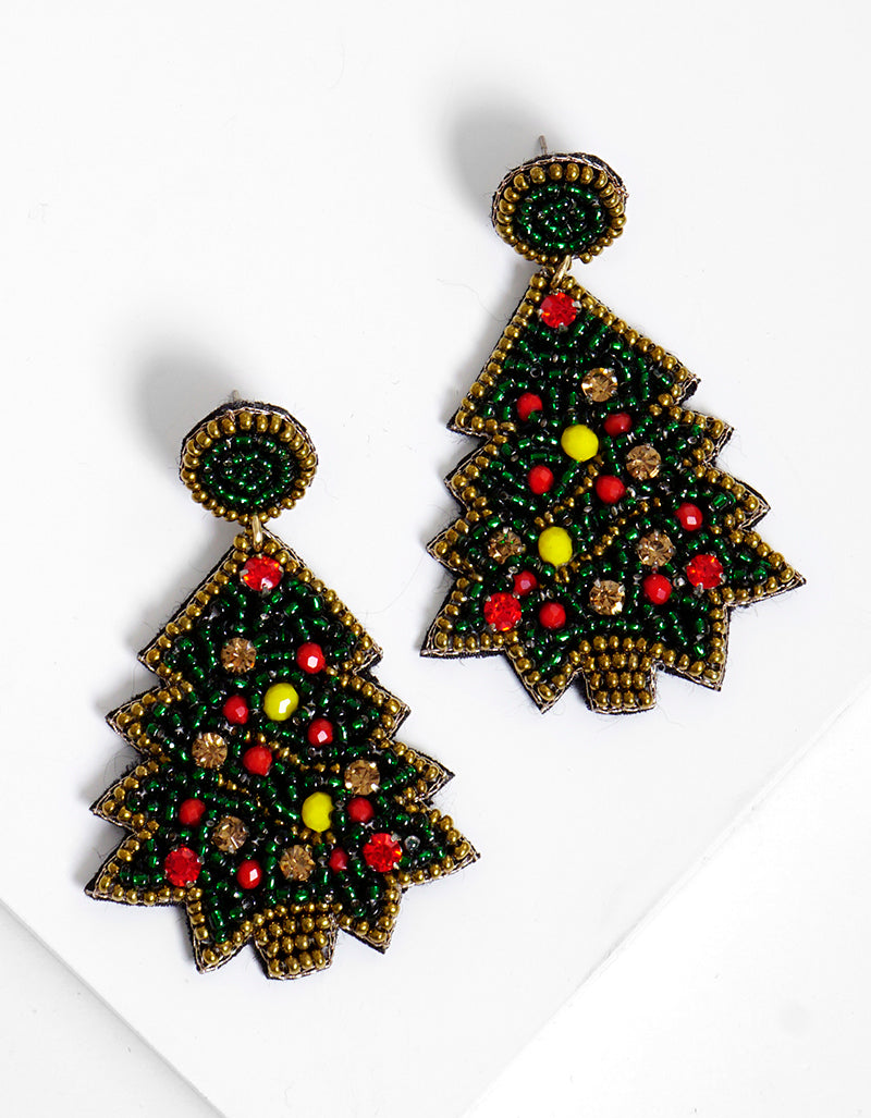 Christmas Tree Seed Bead Dangle Earrings