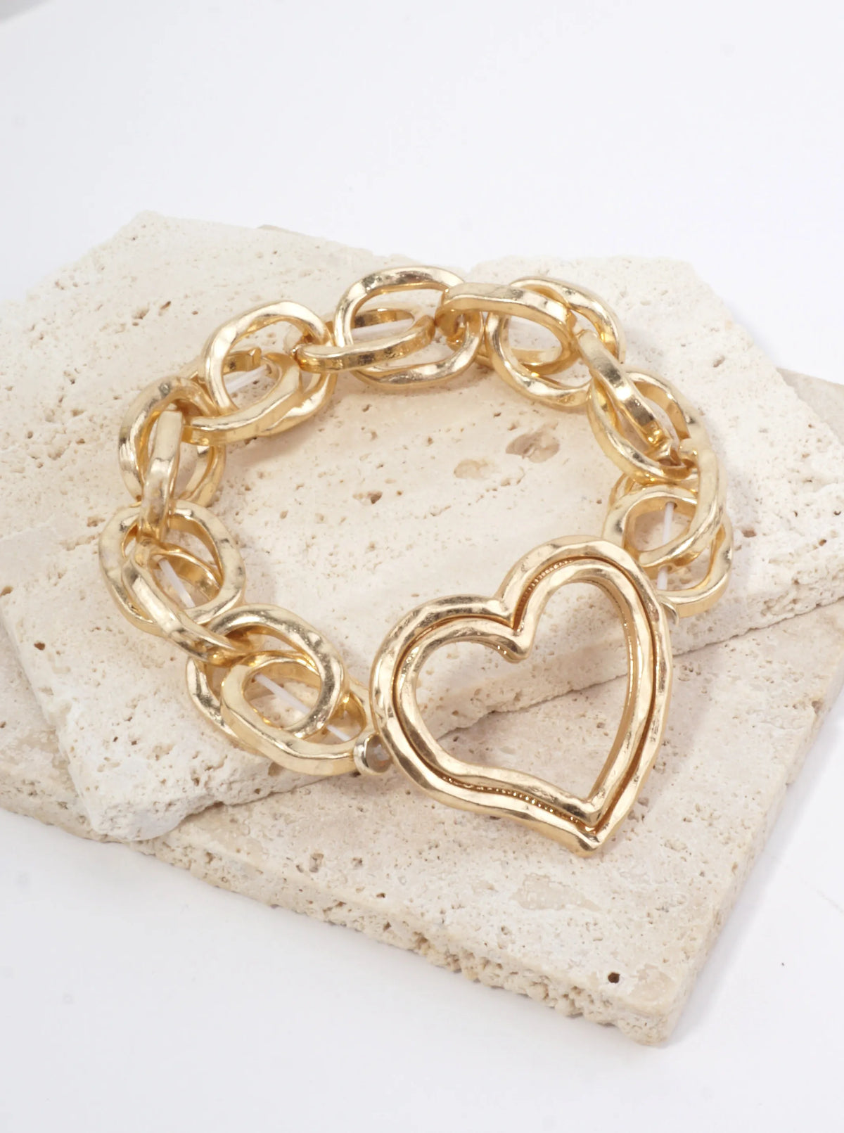 Chunky Hammered Chain Dual Heart Stretch Bracelet