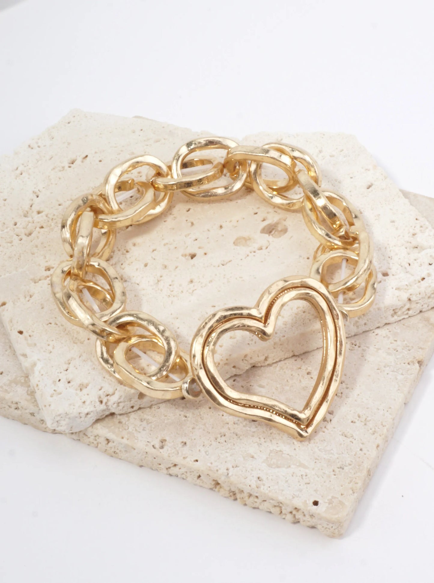 Chunky Hammered Chain Dual Heart Stretch Bracelet