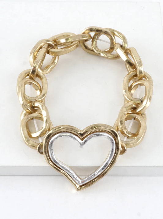 Chunky Hammered Chain Dual Heart Stretch Bracelet