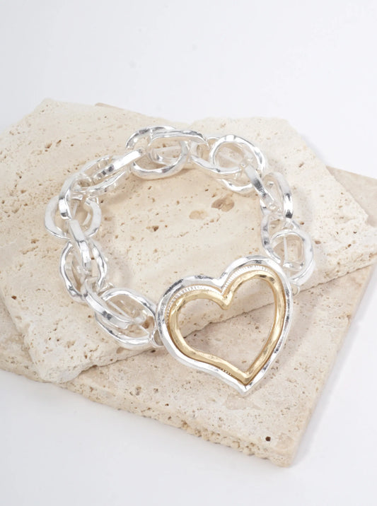 Chunky Hammered Chain Dual Heart Stretch Bracelet