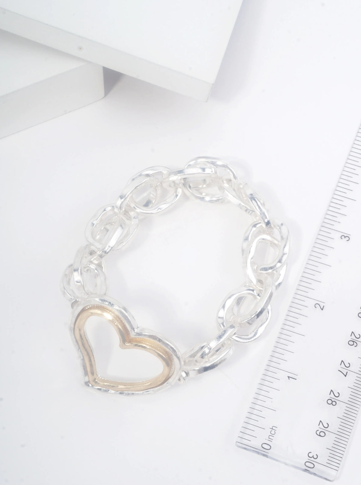 Chunky Hammered Chain Dual Heart Stretch Bracelet