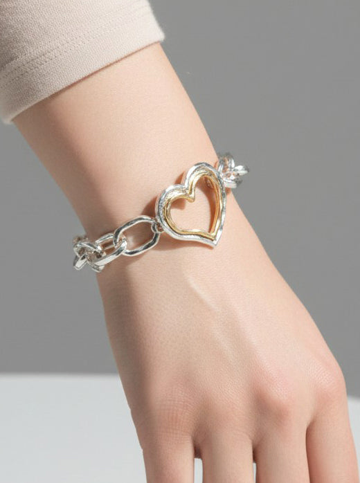 Chunky Hammered Chain Dual Heart Stretch Bracelet