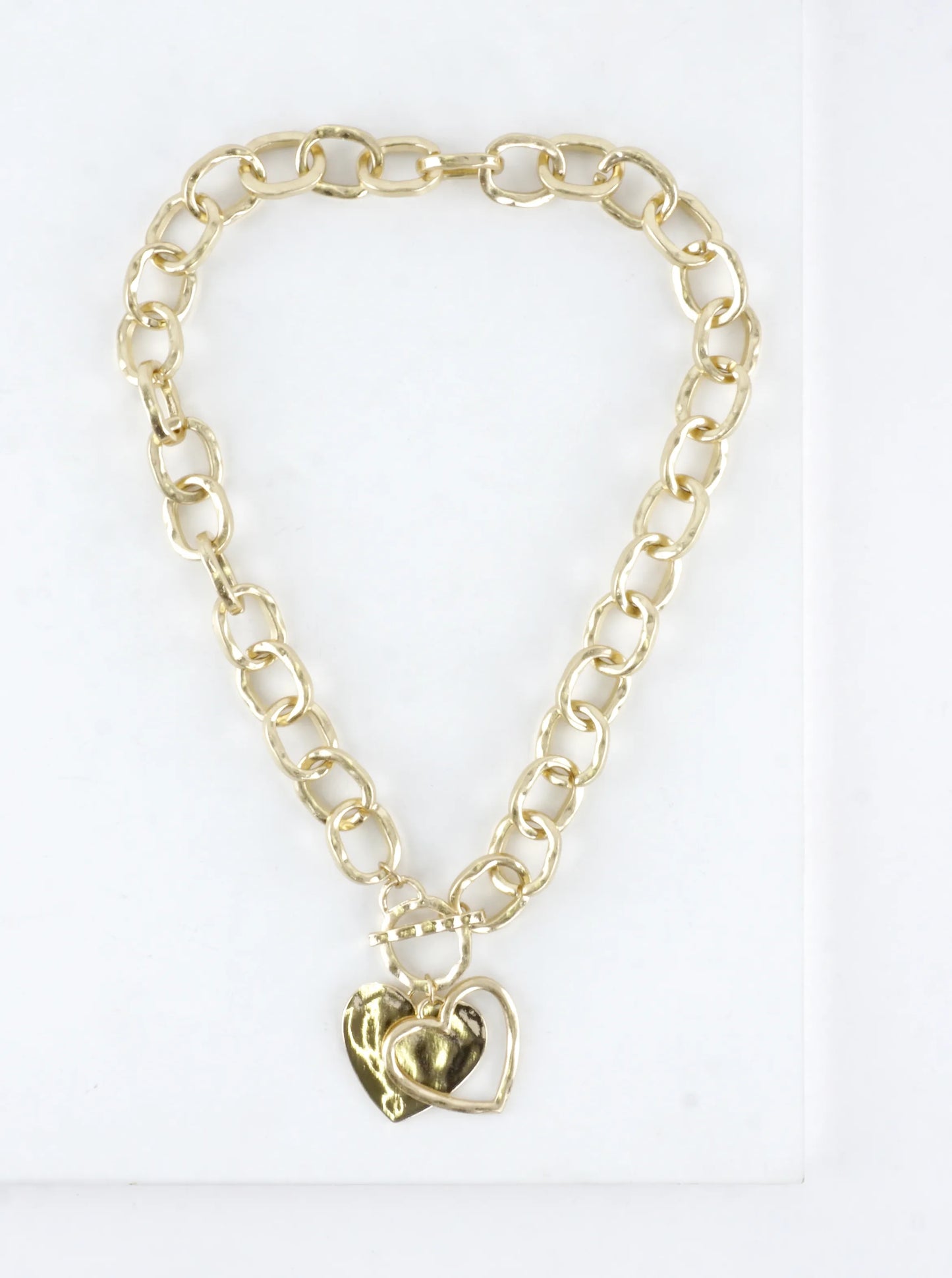 Chunky Hammered Chain Two Hearts Toggle Necklace