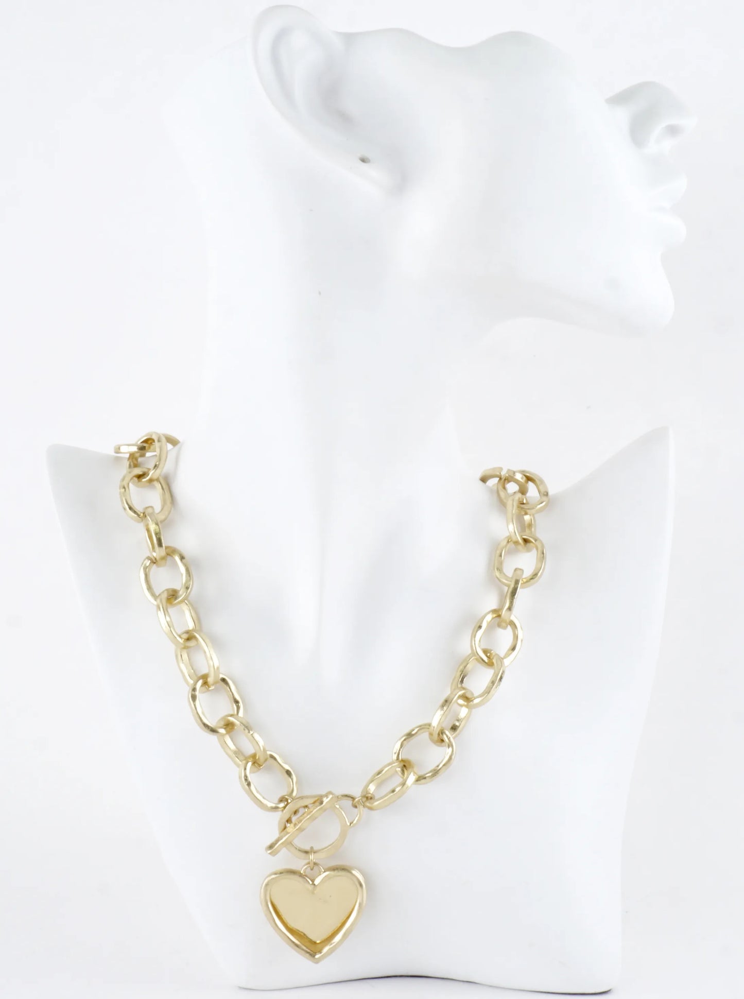 Chunky Hammered Chain Two Hearts Toggle Necklace