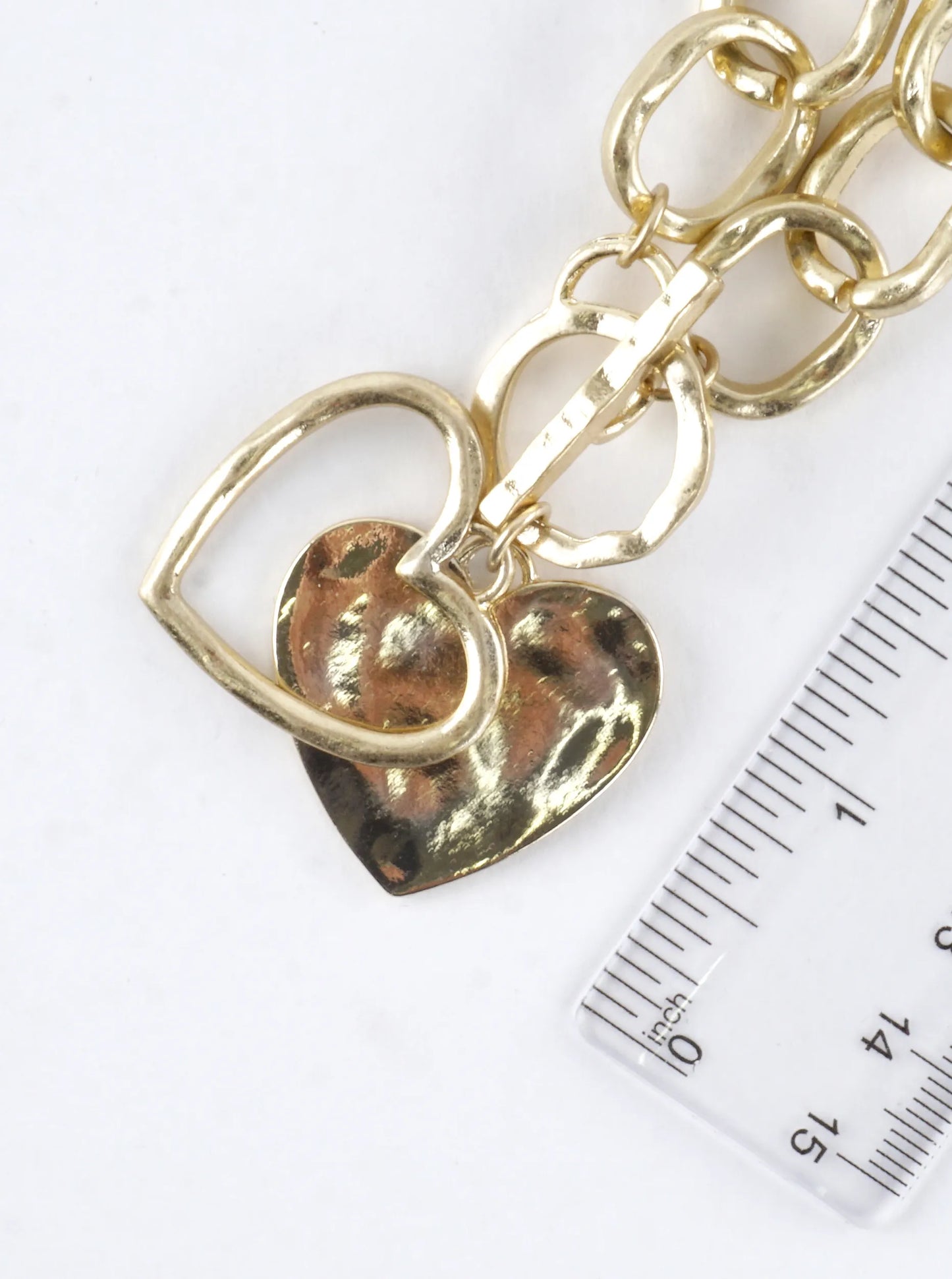 Chunky Hammered Chain Two Hearts Toggle Necklace