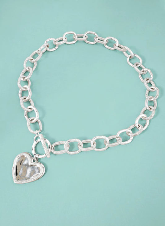 Chunky Hammered Chain Two Hearts Toggle Necklace