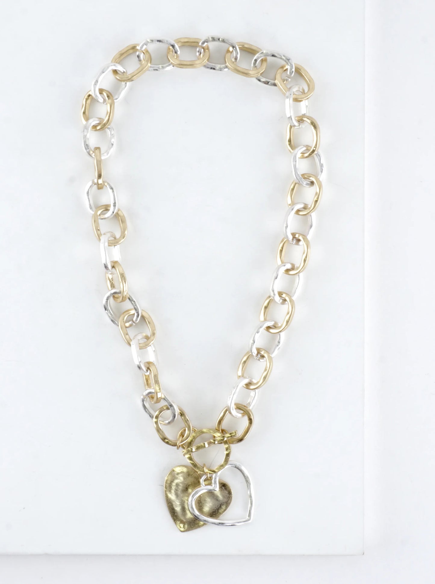 Chunky Hammered Chain Two Hearts Toggle Necklace