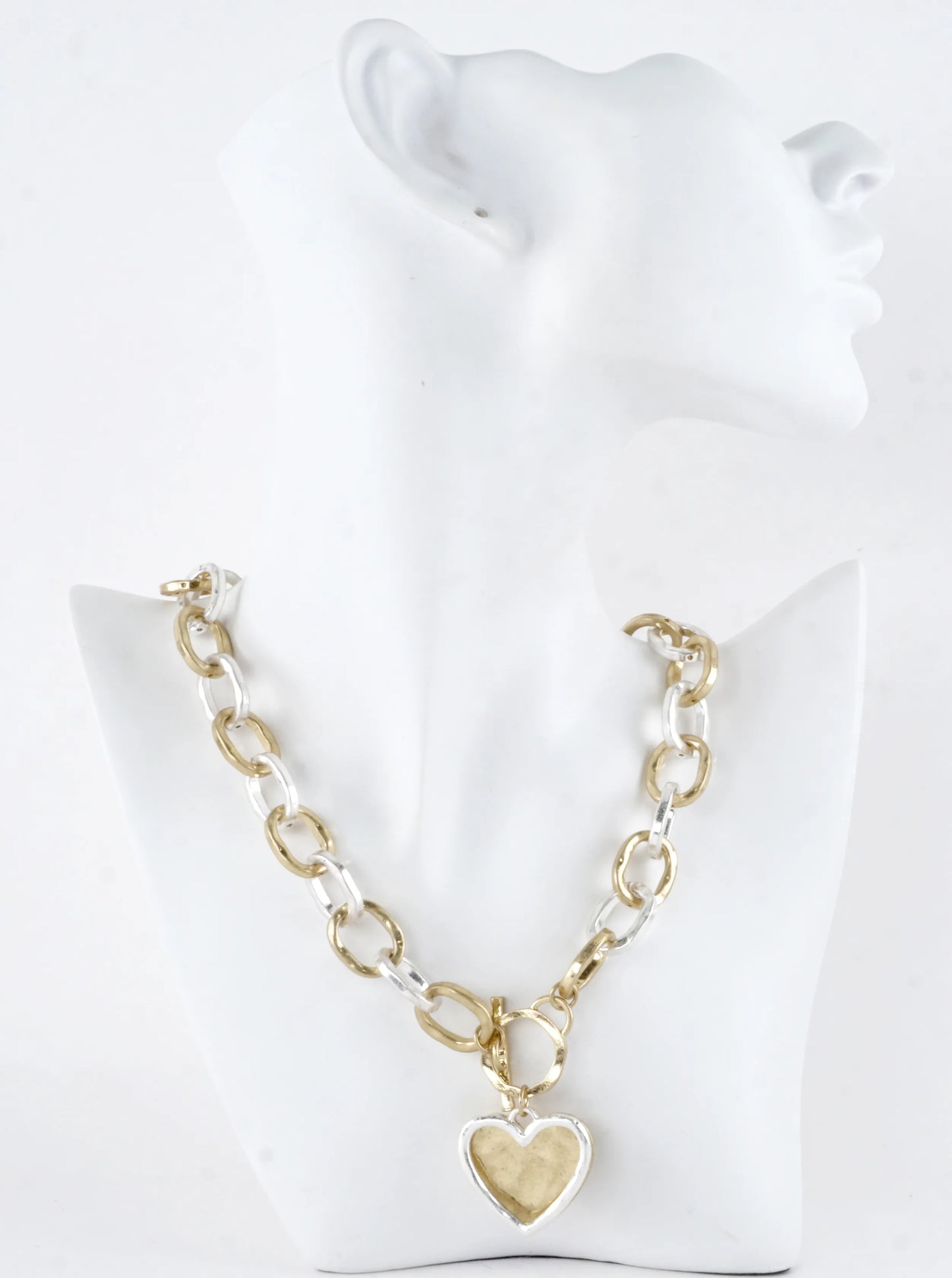 Chunky Hammered Chain Two Hearts Toggle Necklace