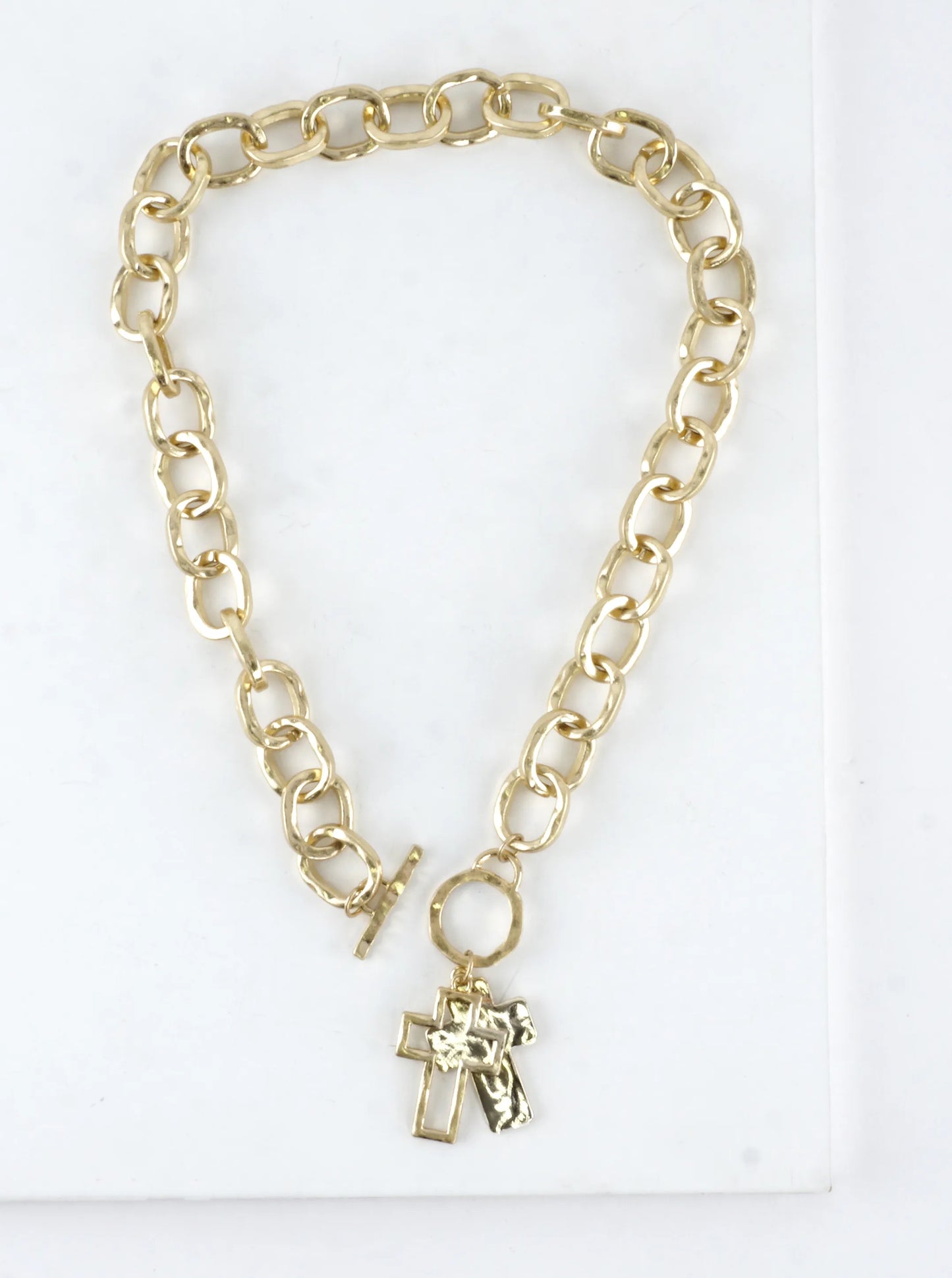 Chunky Hammered Two Cross Toggle Pendant Necklace