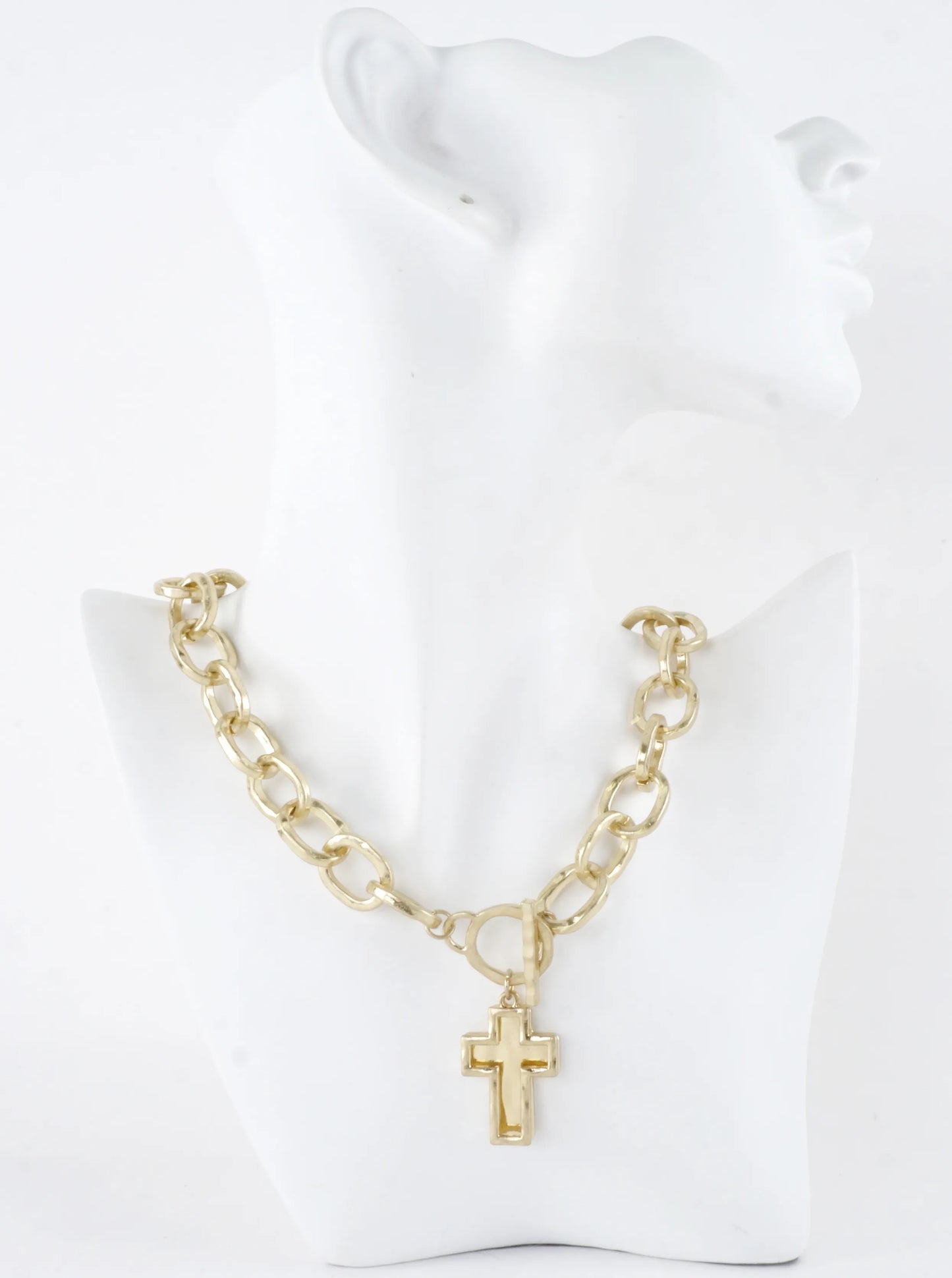 Chunky Hammered Two Cross Toggle Pendant Necklace