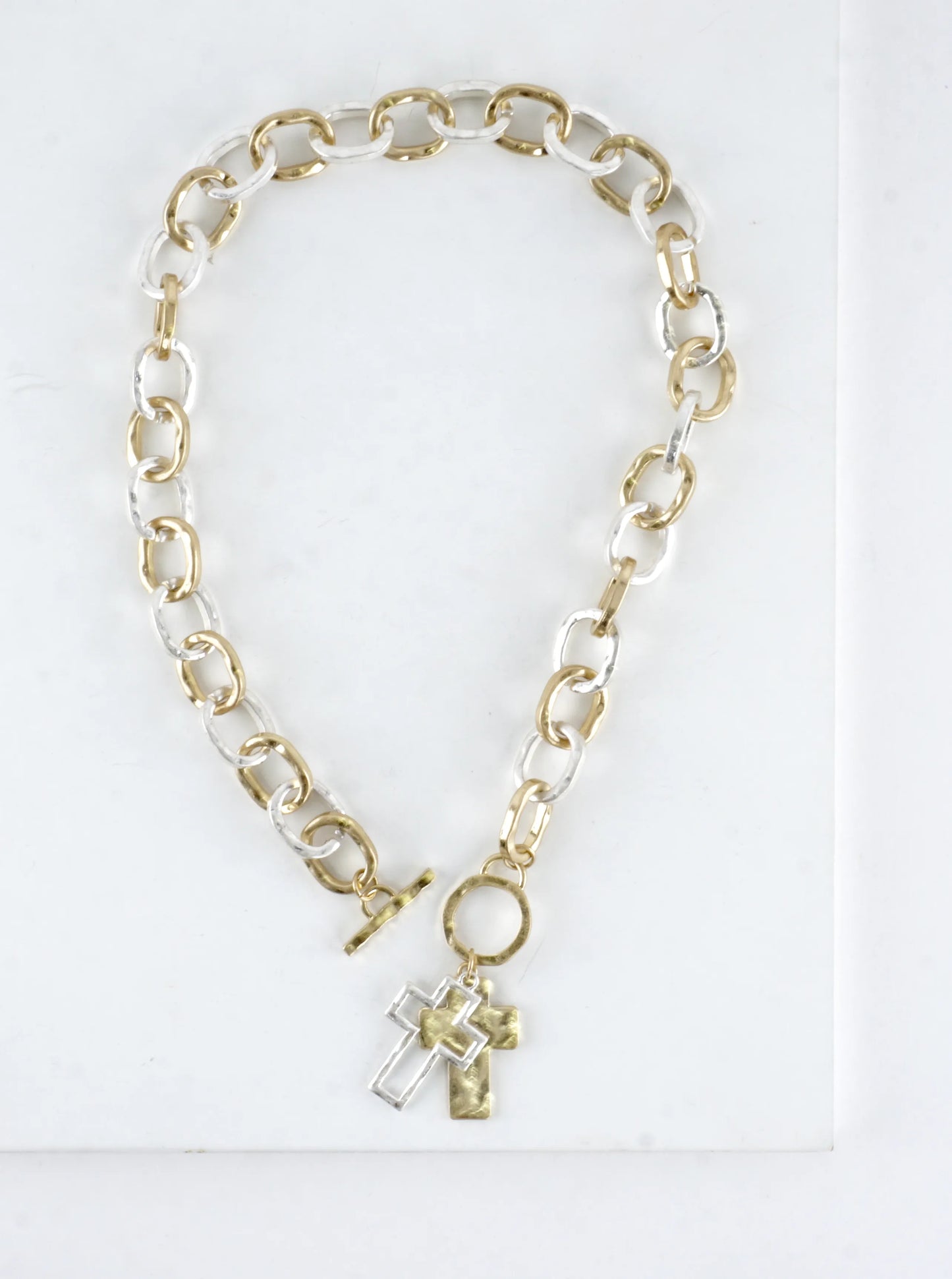 Chunky Hammered Two Cross Toggle Pendant Necklace