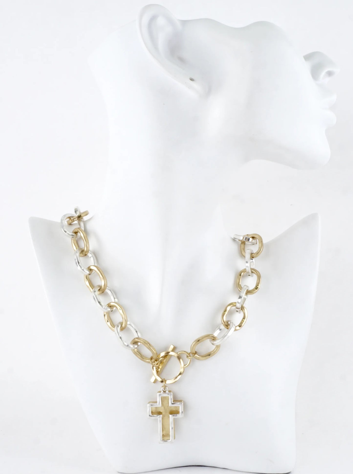 Chunky Hammered Two Cross Toggle Pendant Necklace