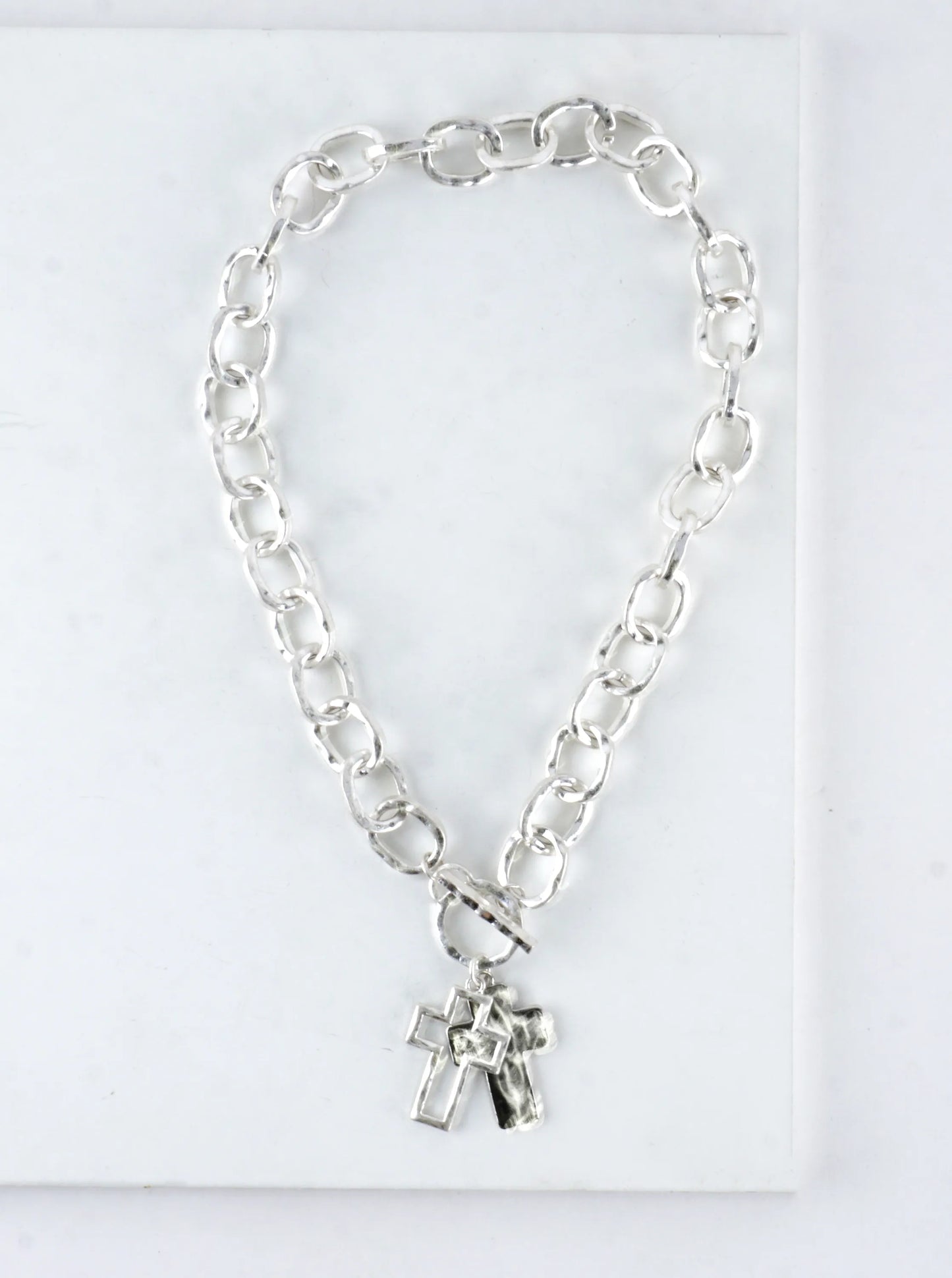Chunky Hammered Two Cross Toggle Pendant Necklace