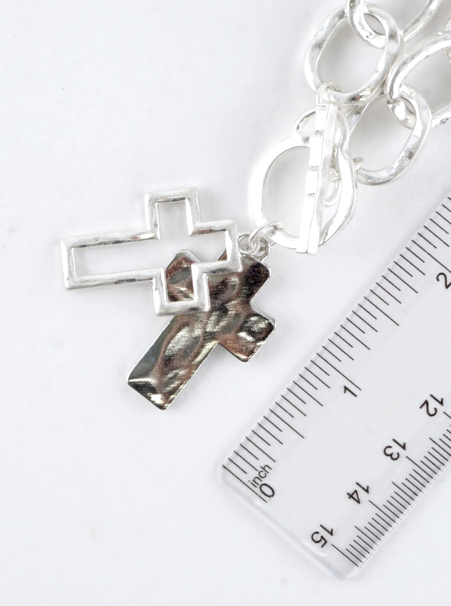 Chunky Hammered Two Cross Toggle Pendant Necklace