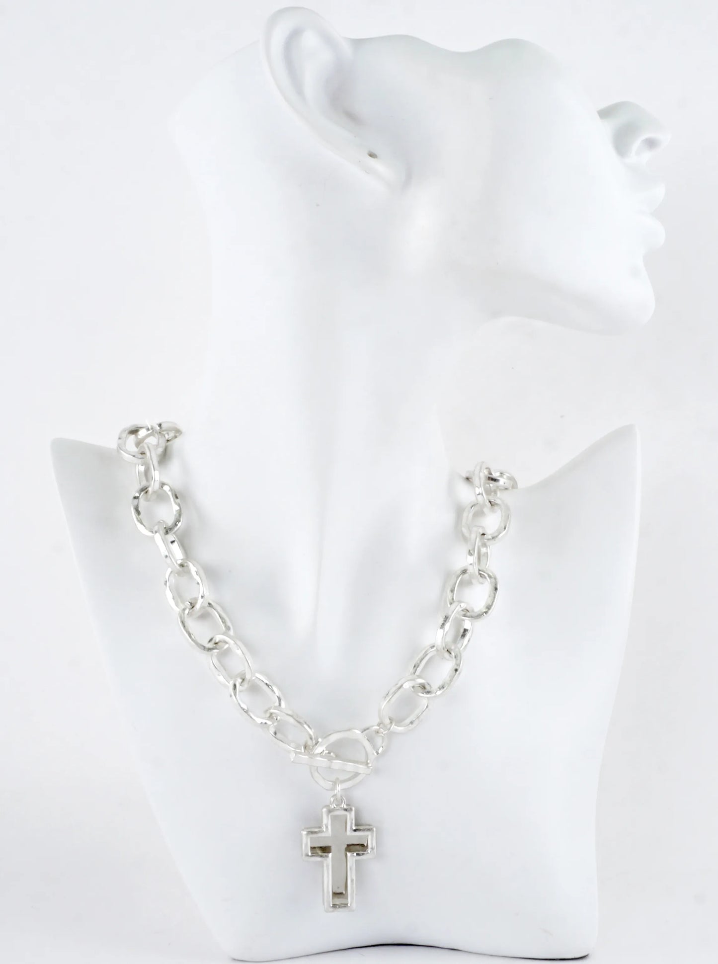 Chunky Hammered Two Cross Toggle Pendant Necklace