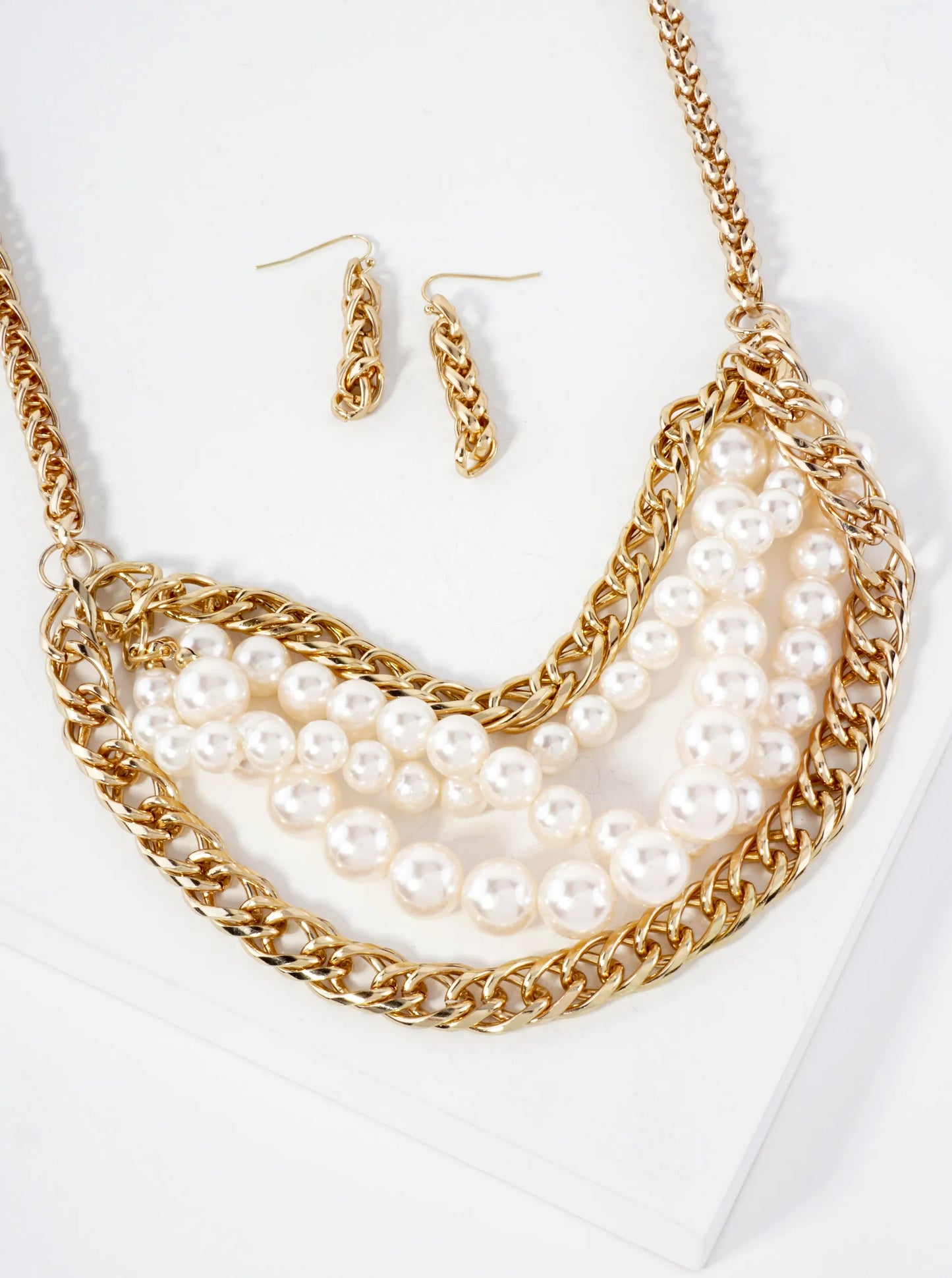 Chunky Pearl Layered Necklace Set-with-Earrings
