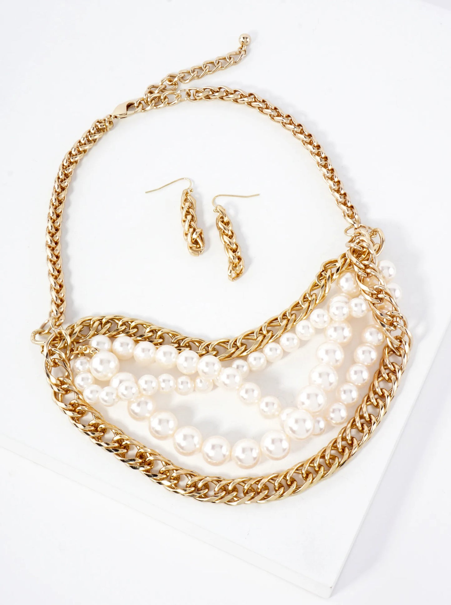 Chunky Pearl Layered Necklace Set-with-Earrings
