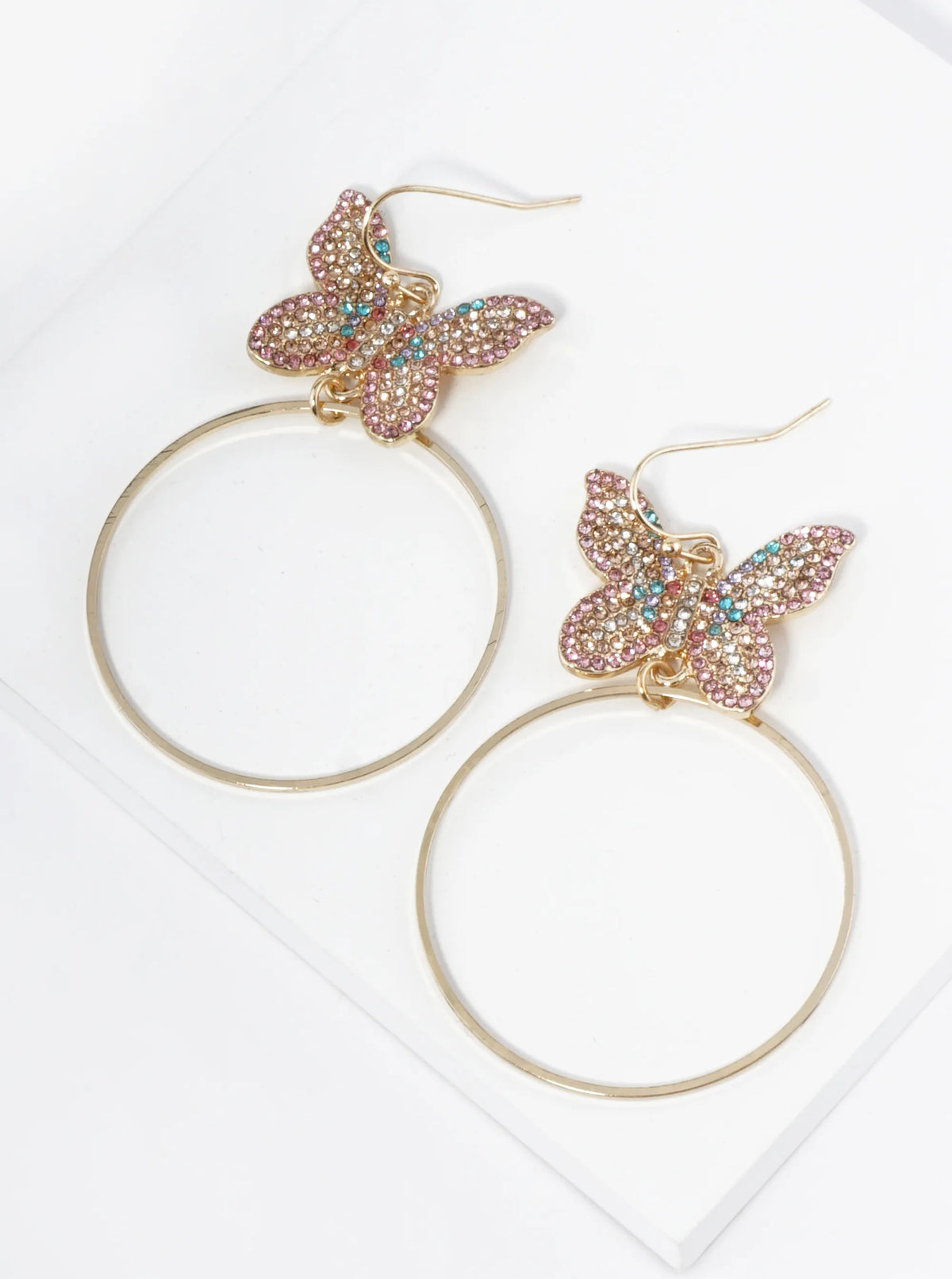Circle Drop Crystal Pave Butterfly Dangle Earrings